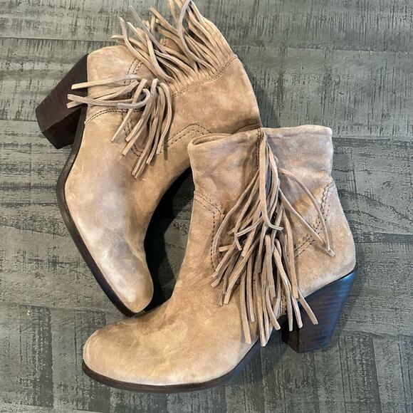 Sam Edelman Shoes - Sam Edelman Louie Tan Fringe Boho Booties Western Suede Booties - 7.5 Taupe Gray
